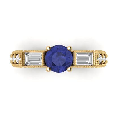2.33 cttw Simulated Tanzanite Three-Stone Engagement Ring - Solid Yellow Gold (VVS1, Round Cut,6.5mm)