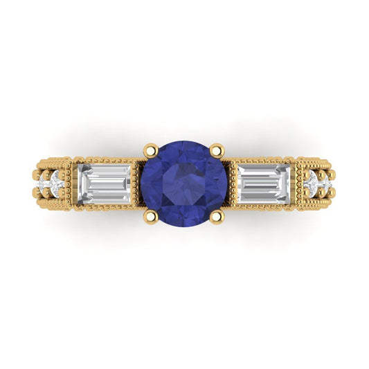 2.33 cttw Simulated Tanzanite Three-Stone Engagement Ring - Solid Yellow Gold (VVS1, Round Cut,6.5mm)