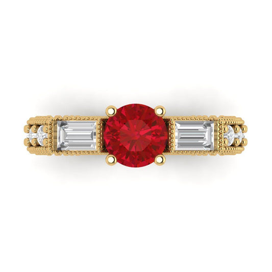2.33 cttw Simulated Ruby Three-Stone Engagement Ring - Solid Yellow Gold (VVS1, Round Cut,6.5mm)