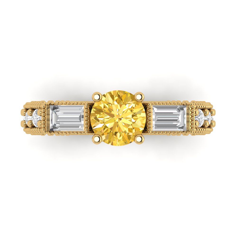 2.33 cttw Zirconia Simulated Yellow Diamond Three-Stone Engagement Ring - Solid Gold (VVS1, Round Cut,6.5mm)