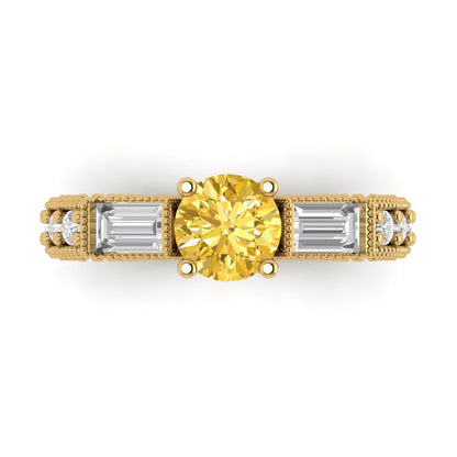 2.33 cttw Zirconia Simulated Yellow Diamond Three-Stone Engagement Ring - Solid Gold (VVS1, Round Cut,6.5mm)