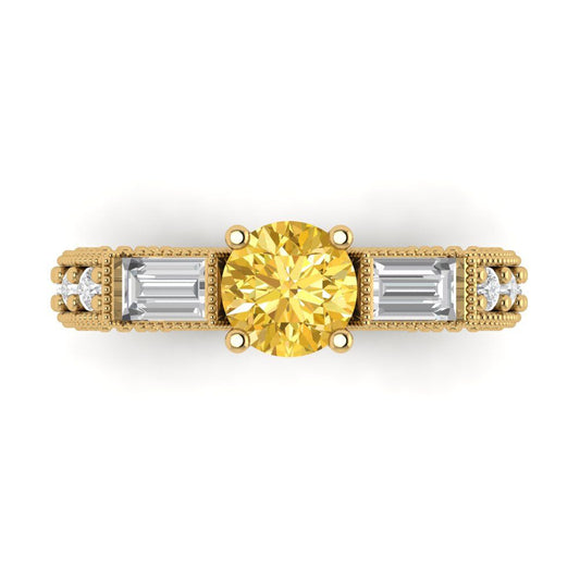 2.33 cttw Zirconia Simulated Yellow Diamond Three-Stone Engagement Ring - Solid Yellow Gold (VVS1, Round Cut,6.5mm)