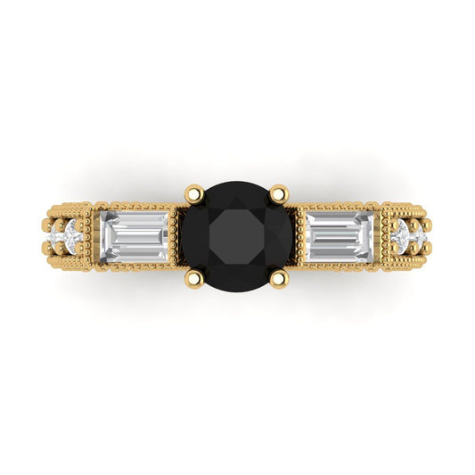 2.33 cttw Natural Onyx Three-Stone Engagement Ring - Solid Yellow Gold (VVS1, Round Cut,6.5mm)