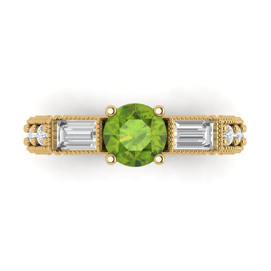 2.33 cttw Natural Peridot Three-Stone Engagement Ring - Solid Yellow Gold (VVS1, Round Cut,6.5mm)