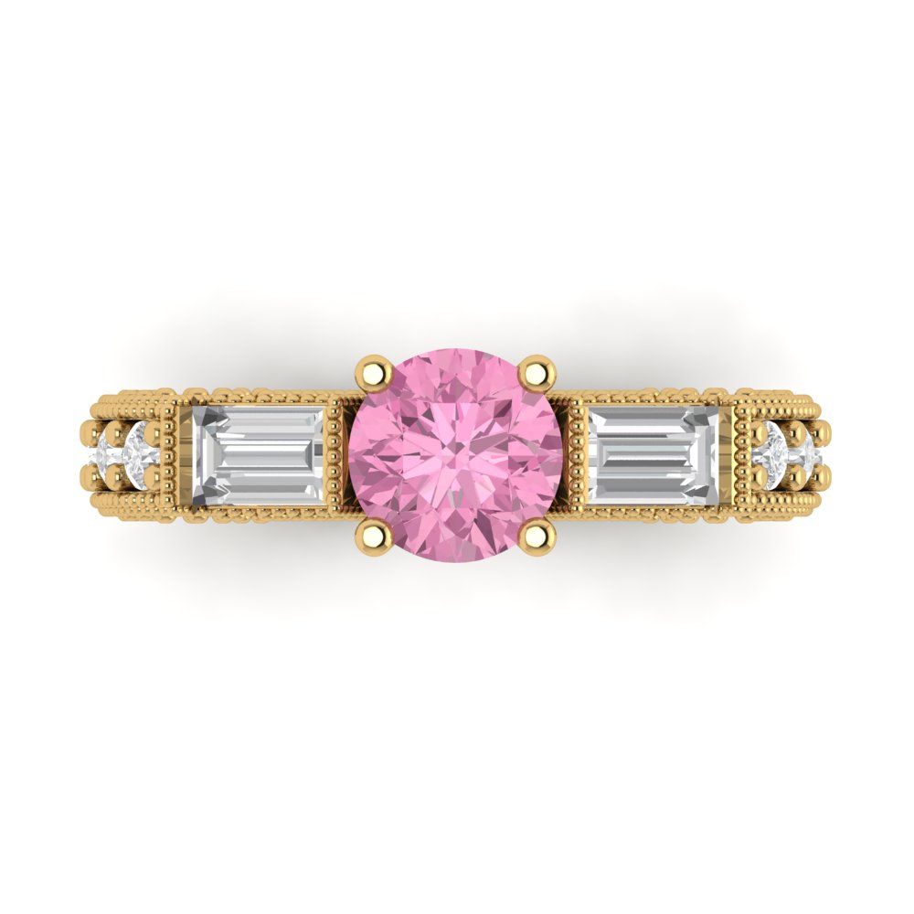 2.33 cttw Zirconia Simulated Pink Diamond Three-Stone Engagement Ring - Solid Gold (VVS1, Round Cut,6.5mm)