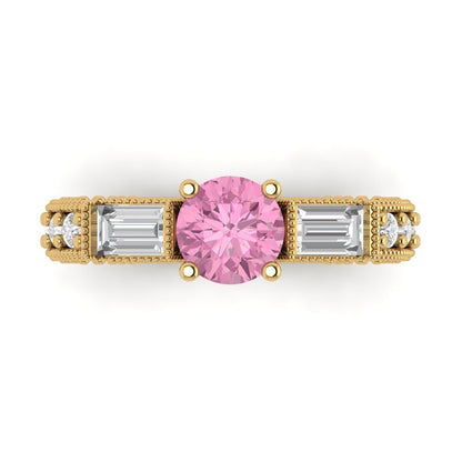 2.33 cttw Zirconia Simulated Pink Diamond Three-Stone Engagement Ring - Solid Gold (VVS1, Round Cut,6.5mm)