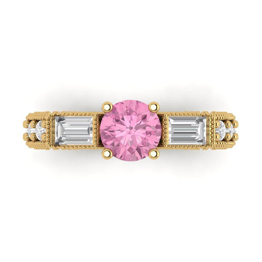 2.33 cttw Zirconia Simulated Pink Diamond Three-Stone Engagement Ring - Solid Yellow Gold (VVS1, Round Cut,6.5mm)