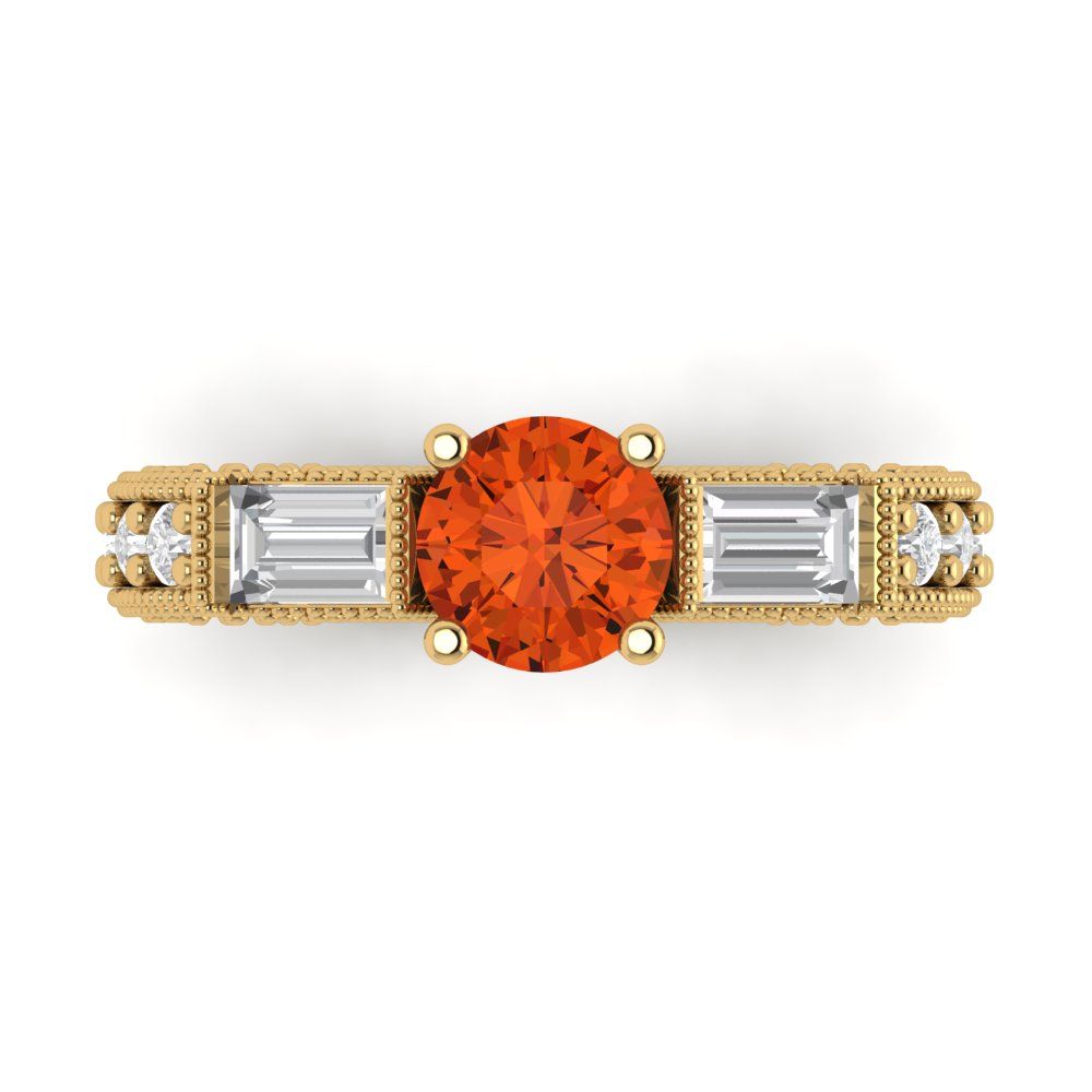 2.33 cttw Zirconia Simulated Red Diamond Three-Stone Engagement Ring - Solid Yellow Gold (VVS1, Round Cut,6.5mm)