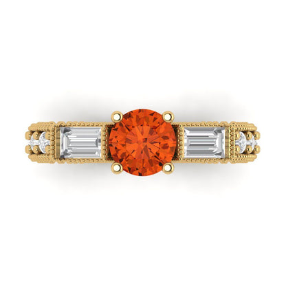 2.33 cttw Zirconia Simulated Red Diamond Three-Stone Engagement Ring - Solid Yellow Gold (VVS1, Round Cut,6.5mm)