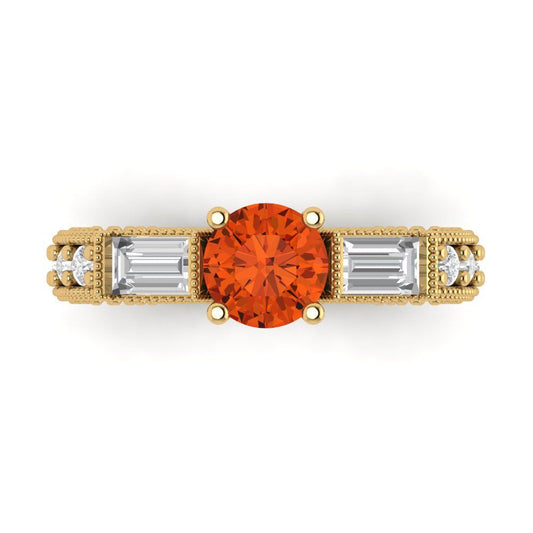 2.33 cttw Zirconia Simulated Red Diamond Three-Stone Engagement Ring - Solid Yellow Gold (VVS1, Round Cut,6.5mm)