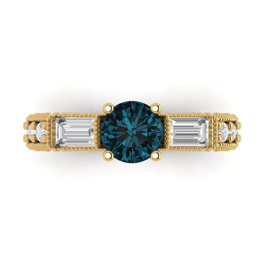 2.33 cttw Natural London Blue Topaz Three-Stone Engagement Ring - Solid Yellow Gold (VVS1, Round Cut,6.5mm)