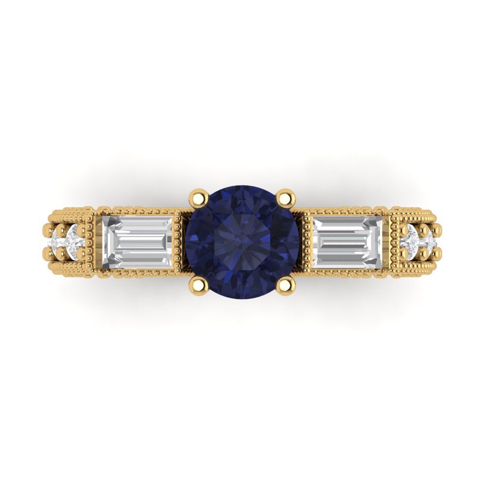 2.33 cttw Simulated Blue Sapphire Three-Stone Engagement Ring - Solid Gold (Round Cut,6.5mm)