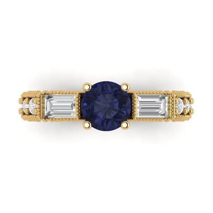2.33 cttw Simulated Blue Sapphire Three-Stone Engagement Ring - Solid Gold (Round Cut,6.5mm)
