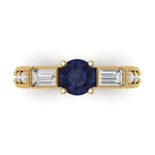2.33 cttw Simulated Blue Sapphire Three-Stone Engagement Ring - Solid Yellow Gold (VVS1, Round Cut,6.5mm)