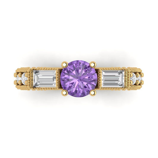 2.33 cttw Simulated Alexandrite Three-Stone Engagement Ring - Solid Yellow Gold (VVS1, Round Cut,6.5mm)