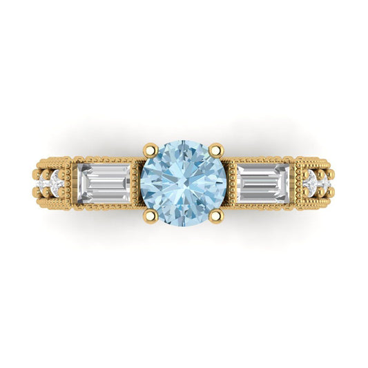 2.33 cttw Natural Aquamarine Three-Stone Engagement Ring - Solid Yellow Gold (VVS1, Round Cut,6.5mm)