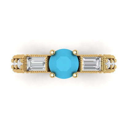 2.33 cttw Simulated Turquoise Three-Stone Engagement Ring - Solid Gold (Round Cut,6.5mm)