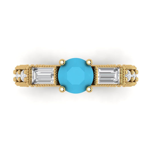2.33 cttw Simulated Turquoise Three-Stone Engagement Ring - Solid Yellow Gold (VVS1, Round Cut,6.5mm)