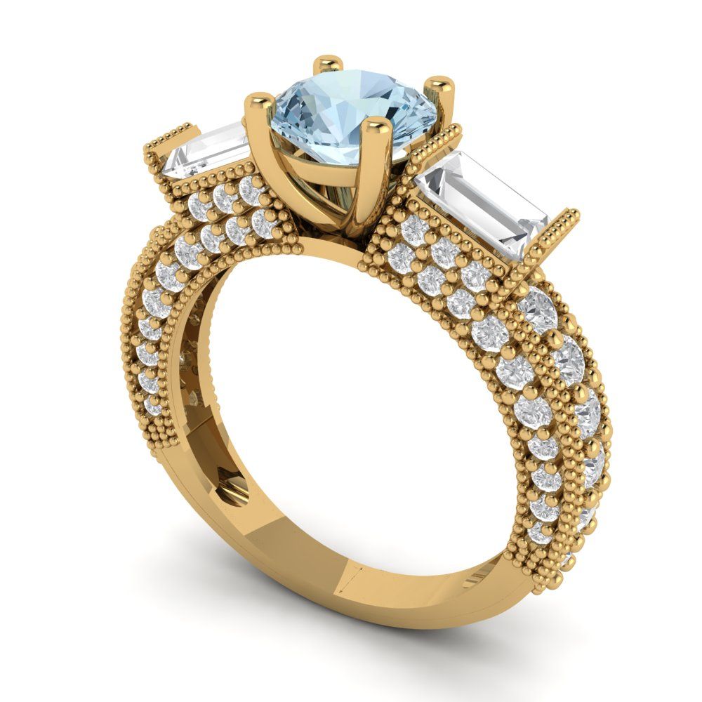 2.33 cttw Zirconia Simulated Blue Diamond Three-Stone Engagement Ring - Solid Gold (VVS1, Round Cut,6.5mm)