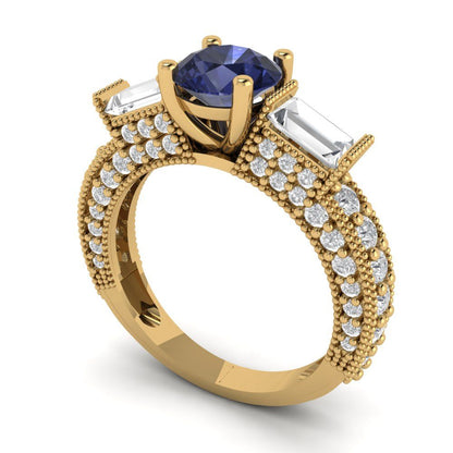 2.33 cttw Simulated Blue Sapphire Three-Stone Engagement Ring - Solid Gold (Round Cut,6.5mm)