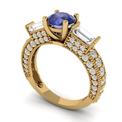2.33 cttw Simulated Tanzanite Three-Stone Engagement Ring - Solid Yellow Gold (VVS1, Round Cut,6.5mm)