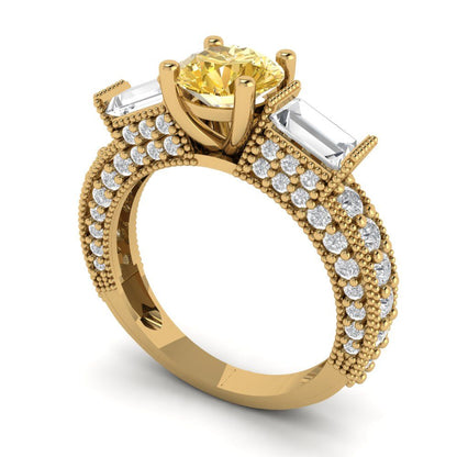 2.33 cttw Zirconia Simulated Yellow Diamond Three-Stone Engagement Ring - Solid Gold (VVS1, Round Cut,6.5mm)