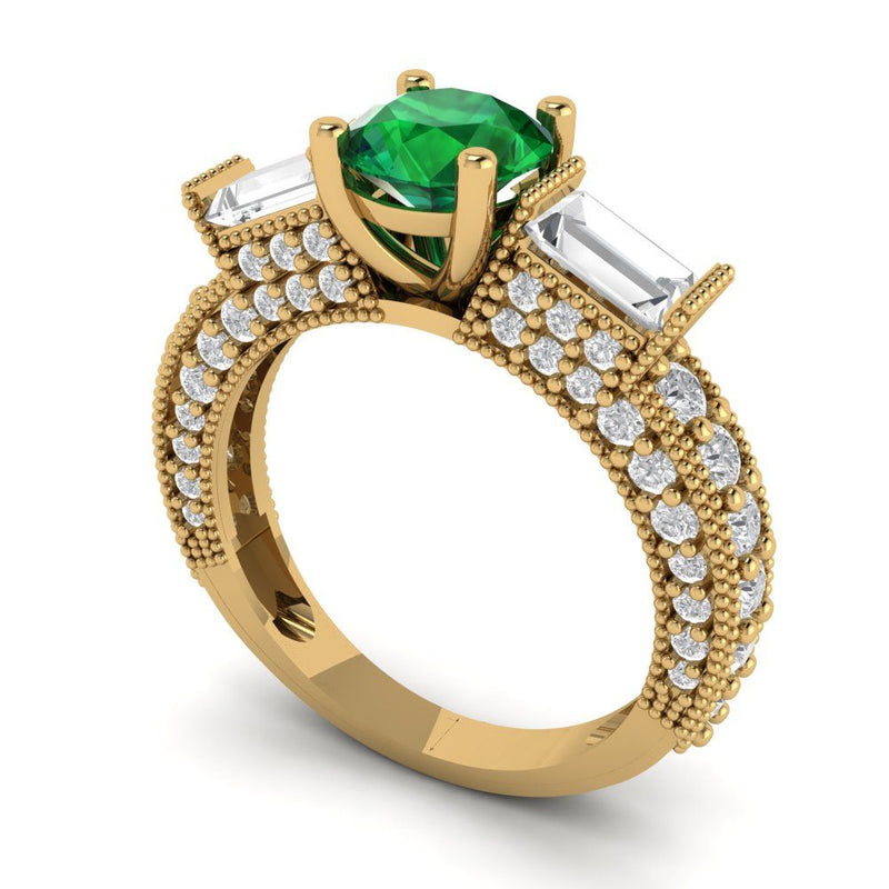 2.14 ct Brilliant Round Cut Simulated Emerald Stone Yellow Gold Solitaire with Accents Three-Stone Ring