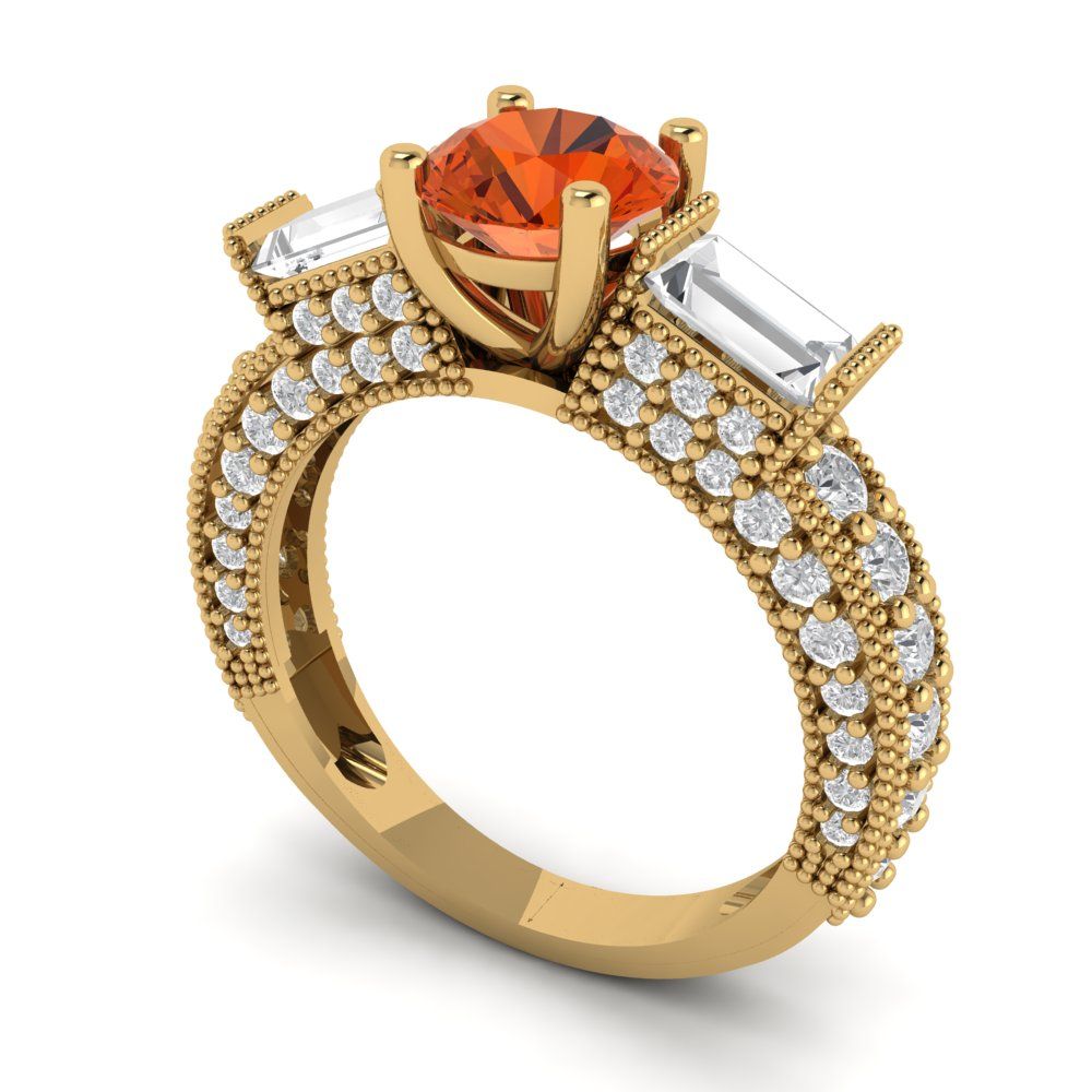 2.33 cttw Zirconia Simulated Red Diamond Three-Stone Engagement Ring - Solid Yellow Gold (VVS1, Round Cut,6.5mm)