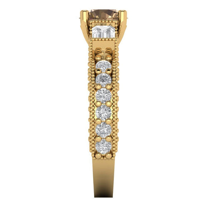 2.33 cttw Zirconia Simulated Champagne Diamond Three-Stone Engagement Ring - Solid Gold (VVS1, Round Cut,6.5mm)