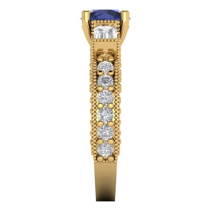 2.33 cttw Simulated Blue Sapphire Three-Stone Engagement Ring - Solid Gold (Round Cut,6.5mm)