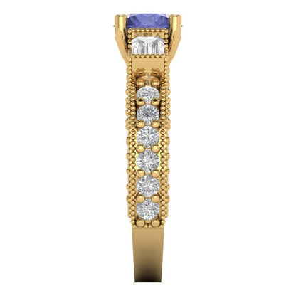 2.33 cttw Simulated Tanzanite Three-Stone Engagement Ring - Solid Yellow Gold (VVS1, Round Cut,6.5mm)