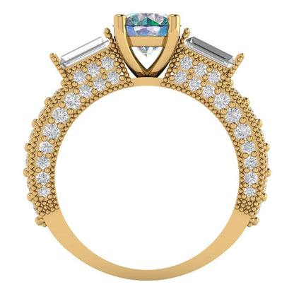 2.33 cttw Blue Moissanite Three-Stone Engagement Ring - Solid Gold (Round Cut,6.5mm)