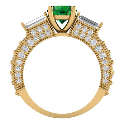 2.33 cttw Simulated Emerald Three-Stone Engagement Ring - Solid Gold (Round Cut,6.5mm)