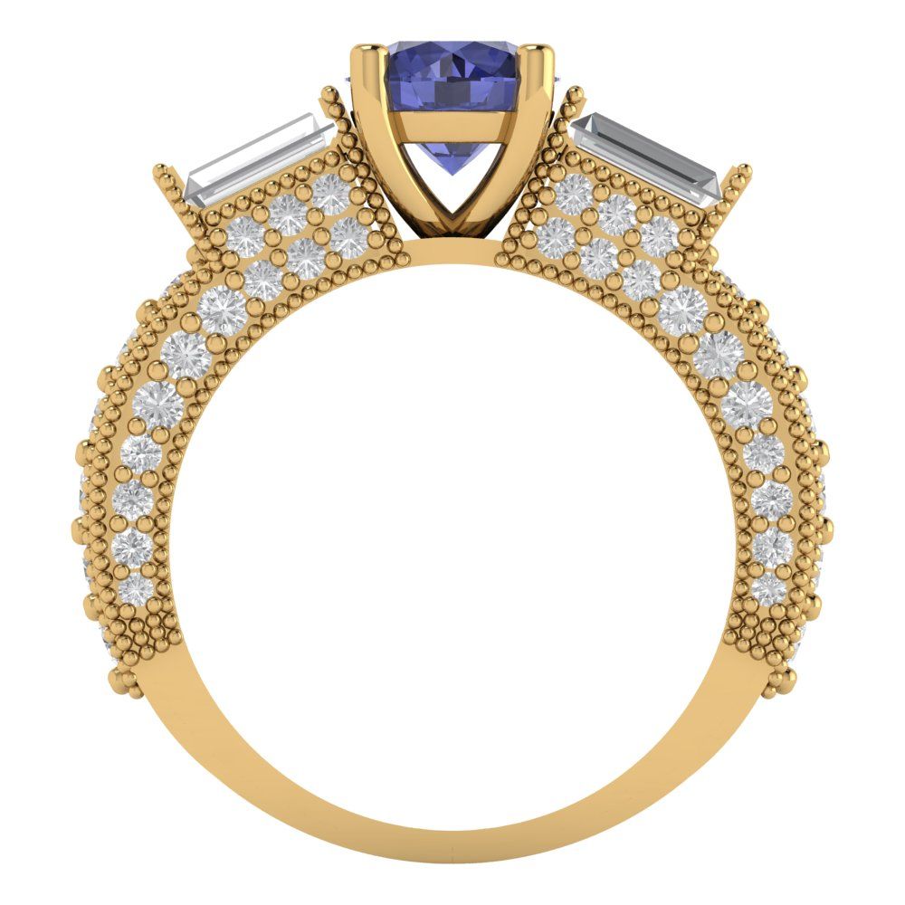 2.33 cttw Simulated Tanzanite Three-Stone Engagement Ring - Solid Yellow Gold (VVS1, Round Cut,6.5mm)