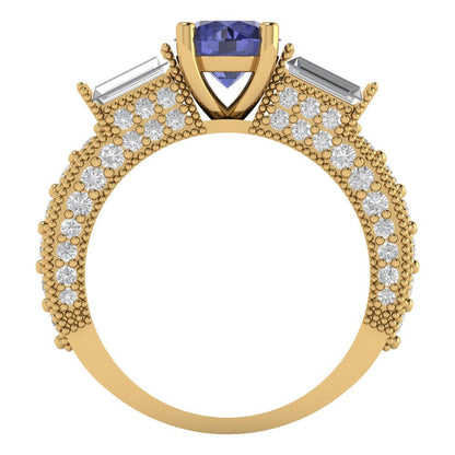 2.33 cttw Simulated Tanzanite Three-Stone Engagement Ring - Solid Yellow Gold (VVS1, Round Cut,6.5mm)