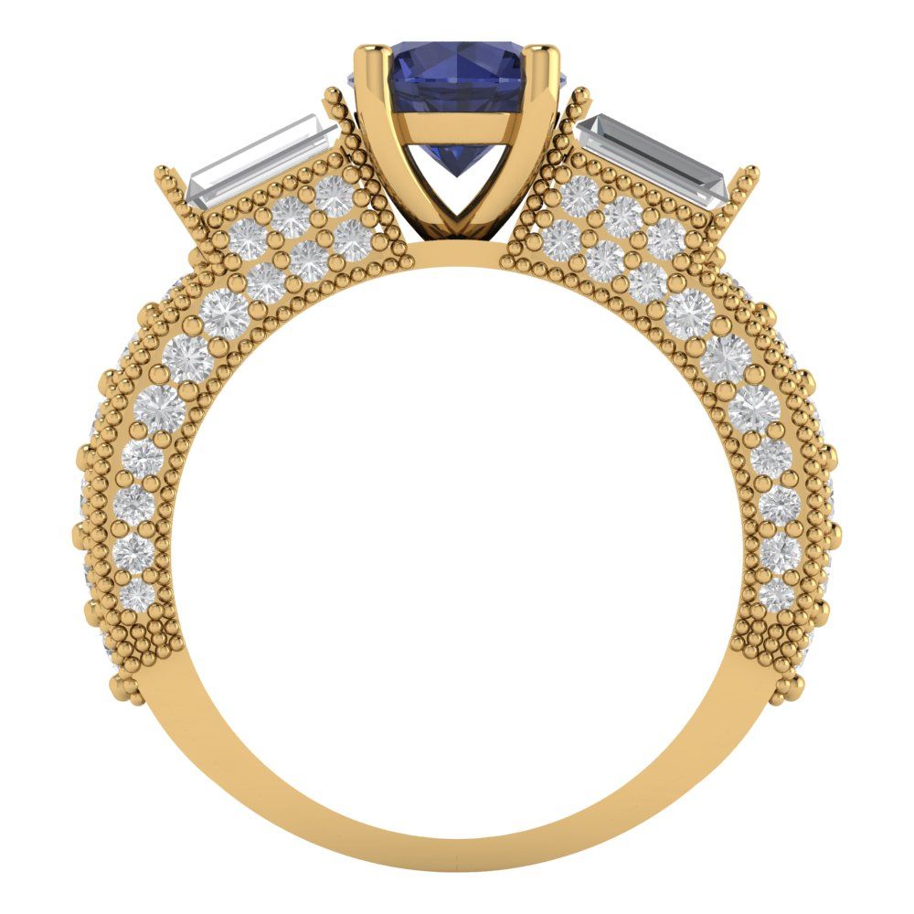 2.33 cttw Simulated Blue Sapphire Three-Stone Engagement Ring - Solid Gold (Round Cut,6.5mm)