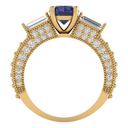 2.33 cttw Simulated Blue Sapphire Three-Stone Engagement Ring - Solid Gold (Round Cut,6.5mm)