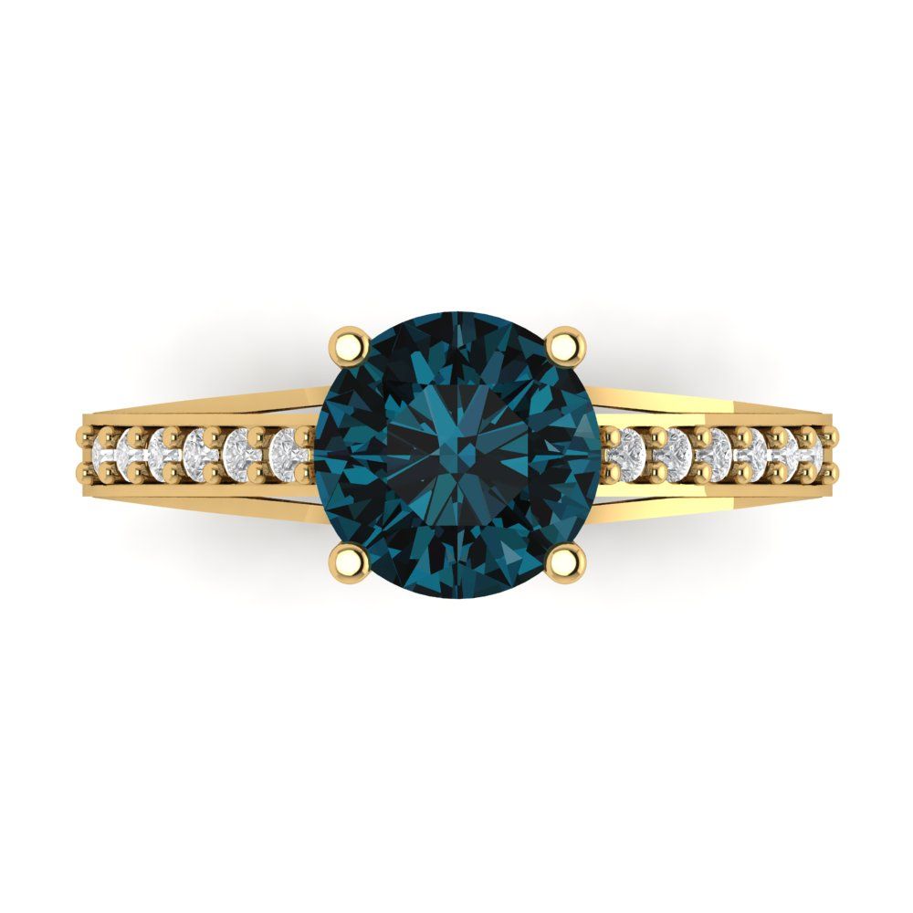 2.21 cttw Natural London Blue Topaz Solitaire with Zirconia Simulated Diamond Accents Engagement Ring - Solid Gold (Round Cut,8.0mm)