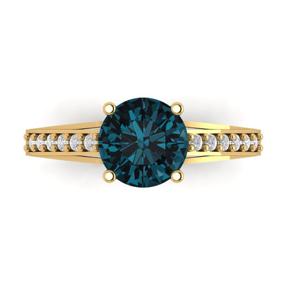 2.21 cttw Natural London Blue Topaz Solitaire with Zirconia Simulated Diamond Accents Engagement Ring - Solid Gold (Round Cut,8.0mm)