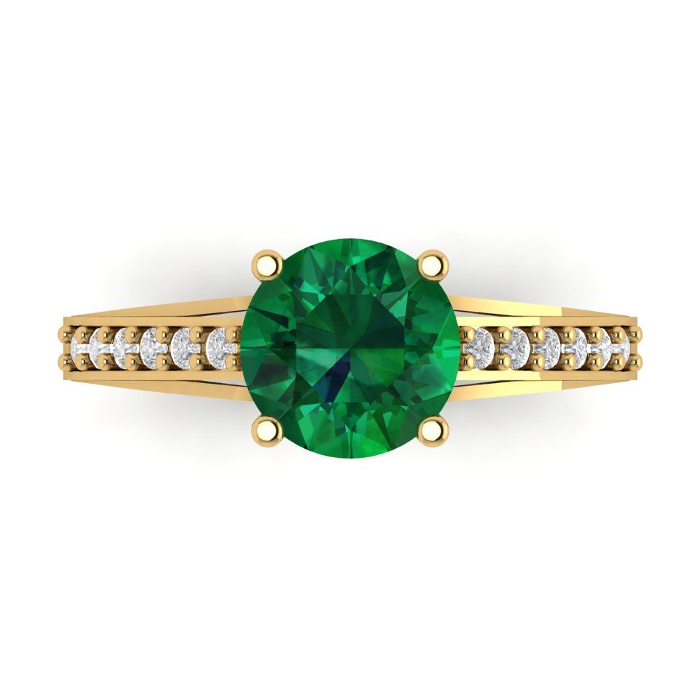 2.21 cttw Simulated Emerald Solitaire with Zirconia Simulated Diamond Accents Engagement Ring - Solid Gold (Round Cut,8.0mm)