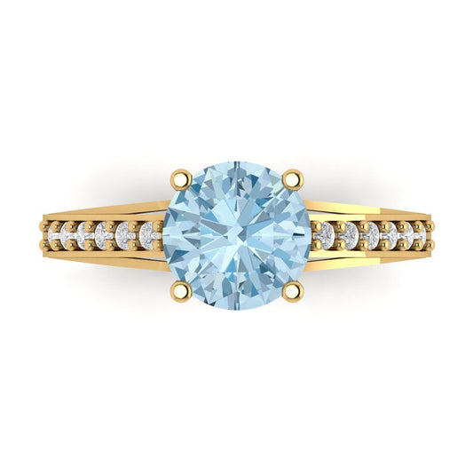 2.21 cttw Natural Aquamarine Solitaire with Zirconia Simulated Diamond Accents Engagement Ring - Solid Yellow Gold (VVS1, Round Cut,8.0mm)