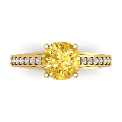 2.21 cttw Zirconia Simulated Yellow Diamond Solitaire with Zirconia Simulated Diamond Accents Engagement Ring - Solid Gold (VVS1, Round Cut,8.0mm)