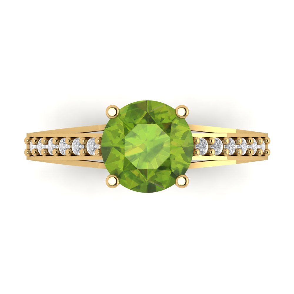 2.21 cttw Natural Peridot Solitaire with Zirconia Simulated Diamond Accents Engagement Ring - Solid Yellow Gold (VVS1, Round Cut,8.0mm)