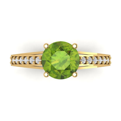 2.21 cttw Natural Peridot Solitaire with Zirconia Simulated Diamond Accents Engagement Ring - Solid Yellow Gold (VVS1, Round Cut,8.0mm)