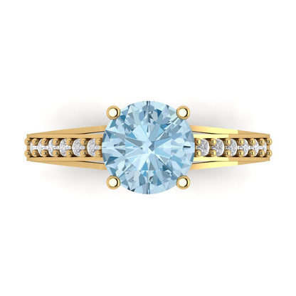 2.21 cttw Natural Swiss Blue Topaz Solitaire with Zirconia Simulated Diamond Accents Engagement Ring - Solid Gold (Round Cut,8.0mm)