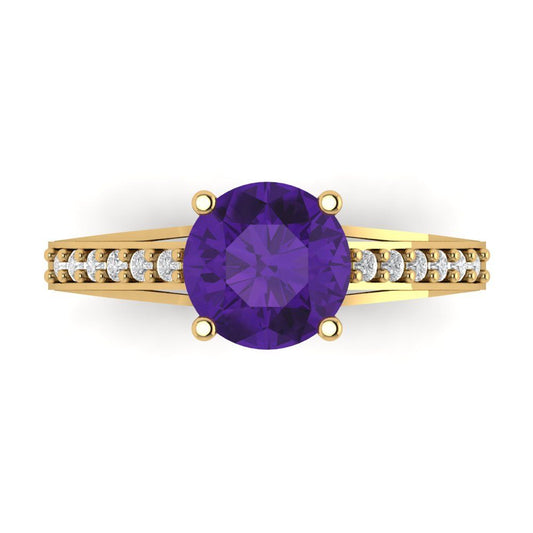 2.21 cttw Natural Amethyst Solitaire with Zirconia Simulated Diamond Accents Engagement Ring - Solid Yellow Gold (VVS1, Round Cut,8.0mm)
