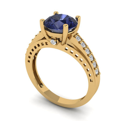2.21 cttw Simulated Blue Sapphire Solitaire with Zirconia Simulated Diamond Accents Engagement Ring - Solid Gold (Round Cut,8.0mm)