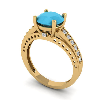 2.21 cttw Simulated Turquoise Solitaire with Zirconia Simulated Diamond Accents Engagement Ring - Solid Gold (Round Cut,8.0mm)