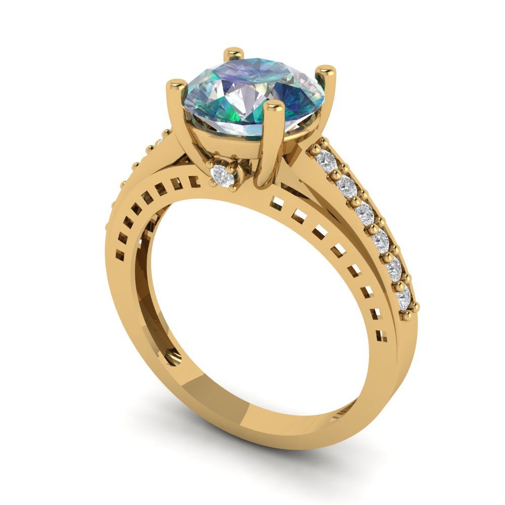 2.21 cttw Blue Moissanite Solitaire with Zirconia Simulated Diamond Accents Engagement Ring - Solid Gold (Round Cut,8.0mm)