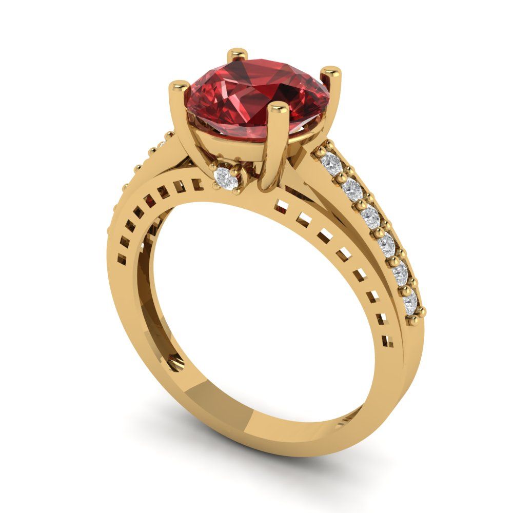 2.21 cttw Natural Garnet Solitaire with Zirconia Simulated Diamond Accents Engagement Ring - Solid Gold (Round Cut,8.0mm)